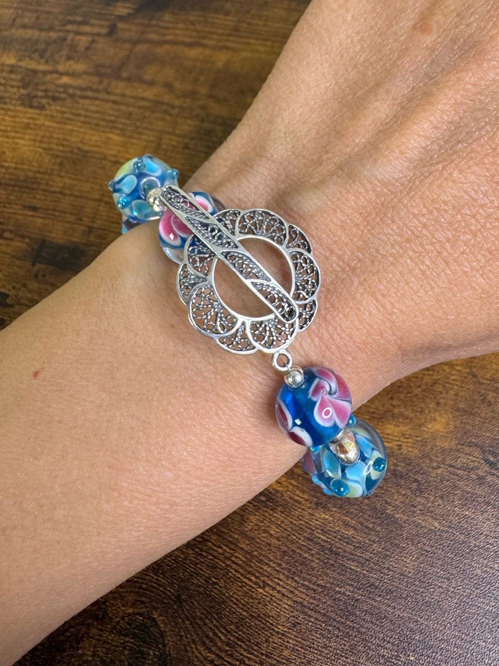 Vintage JBB Pink & Blue Lampwork Bead Bracelet Sterling Silver Filigree Toggle